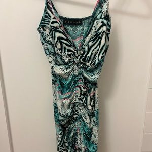 Patterned mini dress with ruched centre detail.